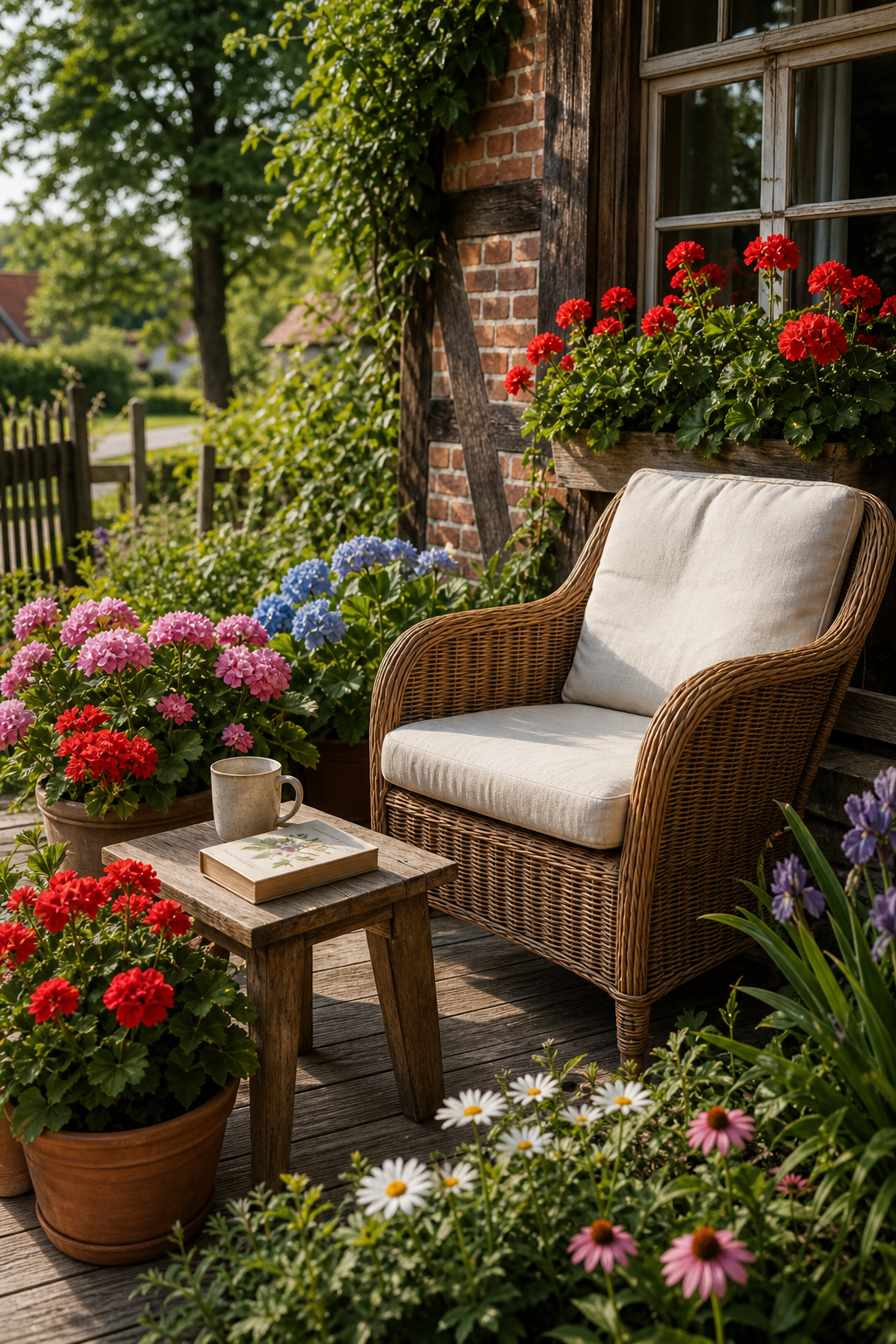 Vintage Rattan-Sessel mit Leinen-Kissen auf Fachwerk-Terrasse