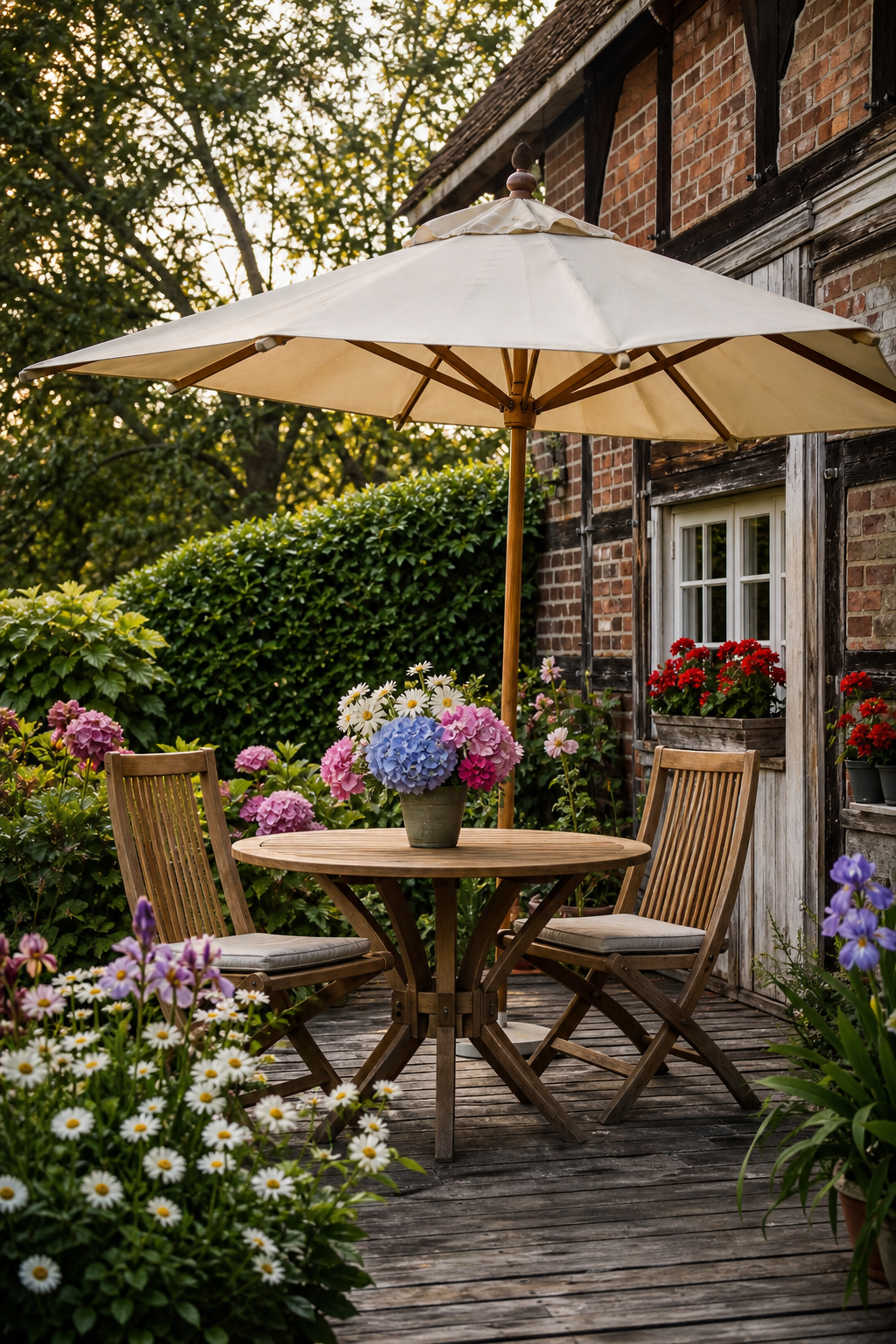 Cremefarbener Holz-Sonnenschirm über Bistro-Set mit Hortensien
