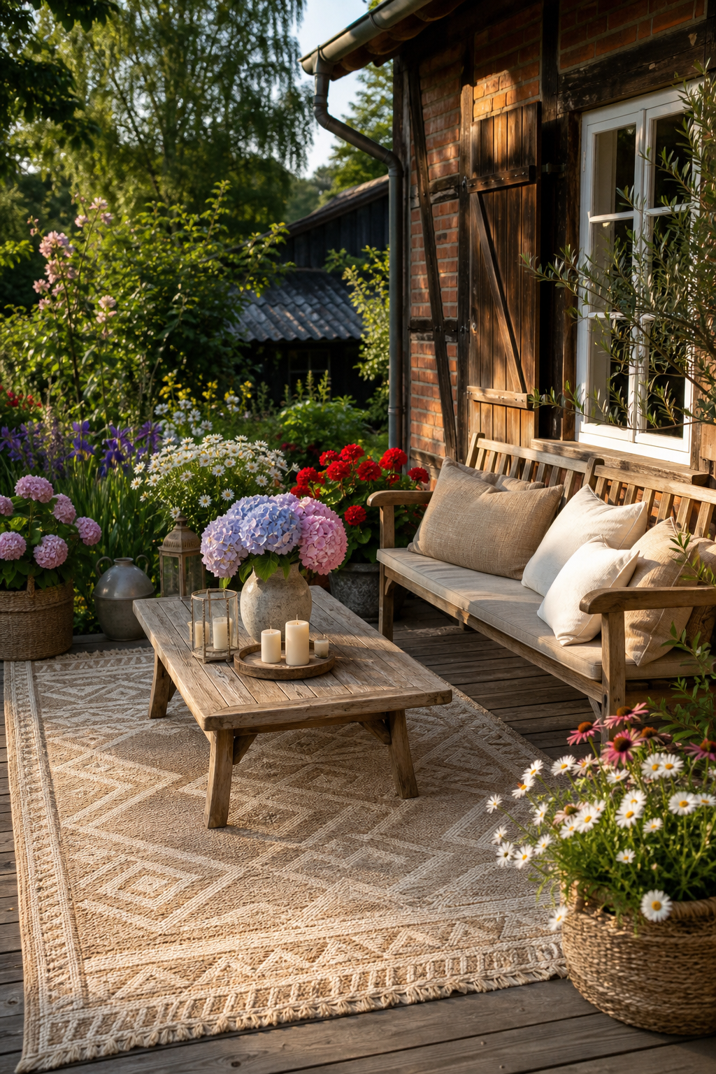 Jute-Outdoor-Teppich auf Holz-Deck mit Country-Lounge