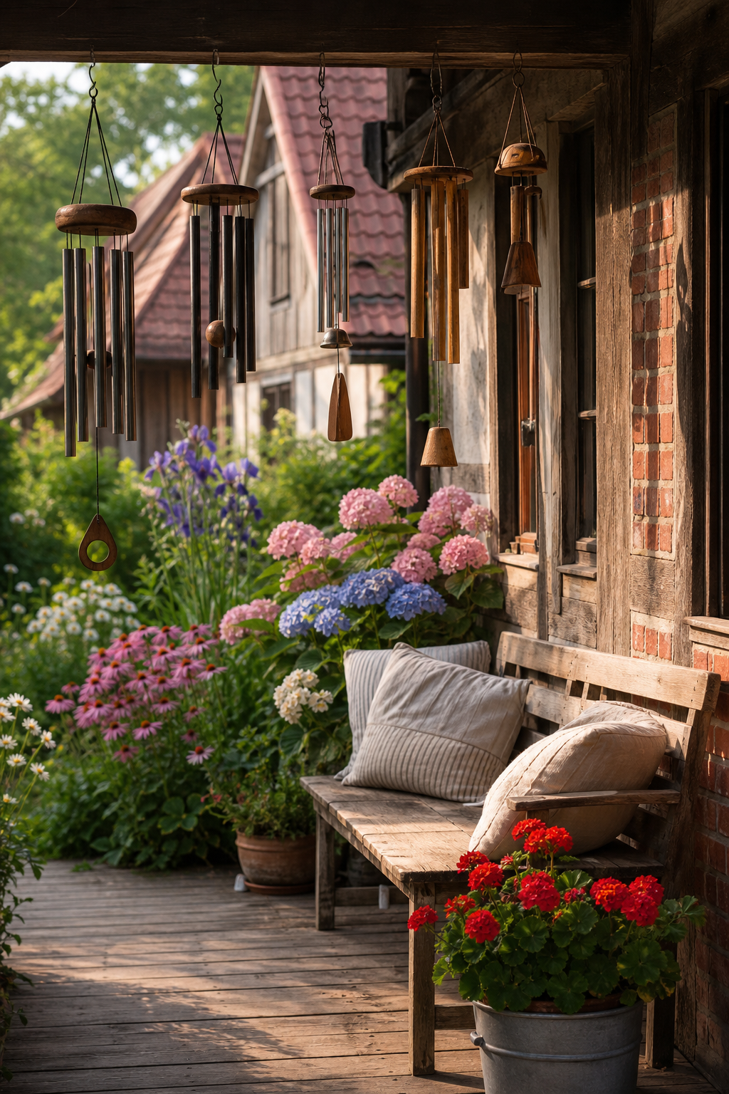 Holz-Windspiele an Holzpergola mit Geranien