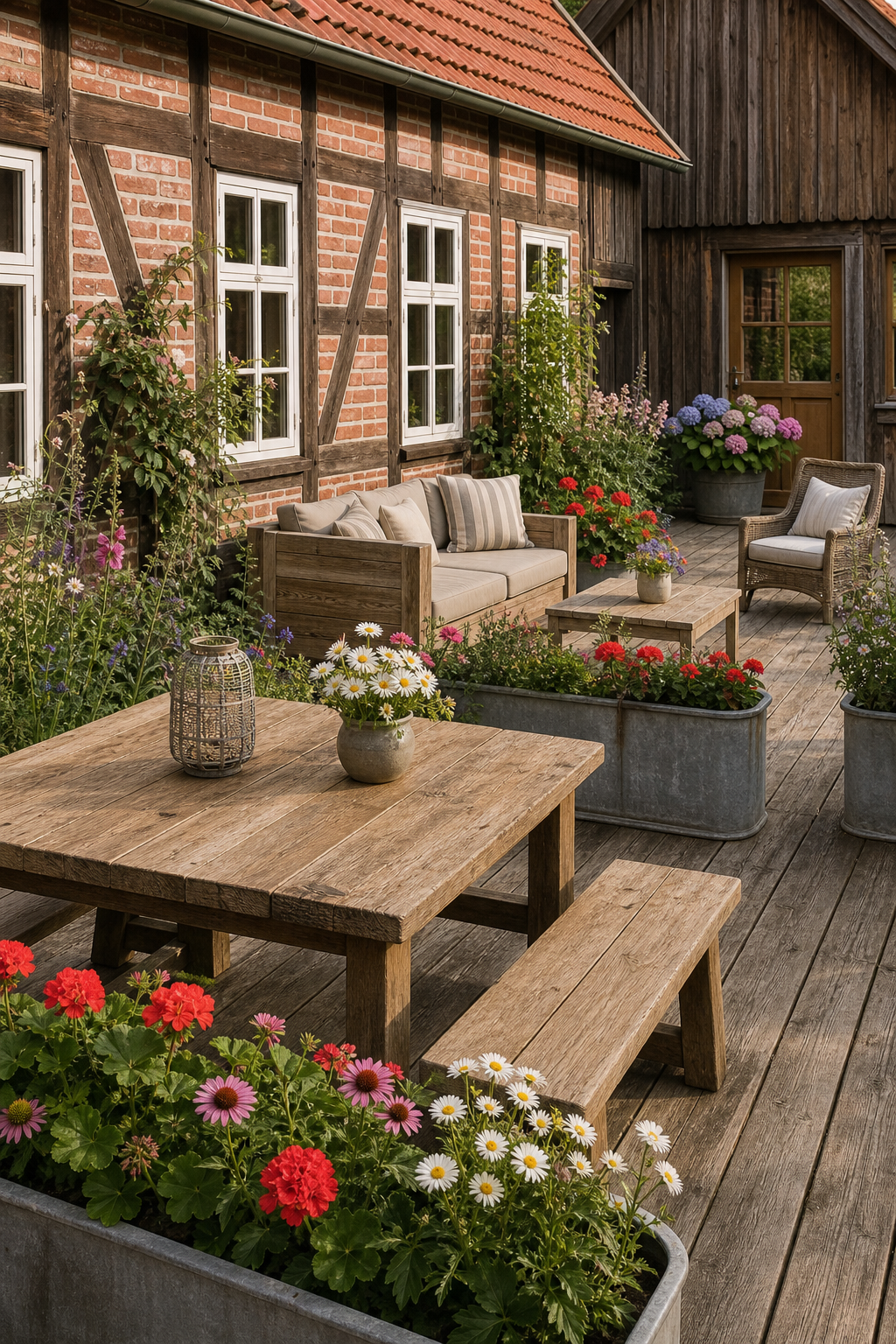Zonierte Country-Terrasse mit Ess-, Lounge- und Lesebereich