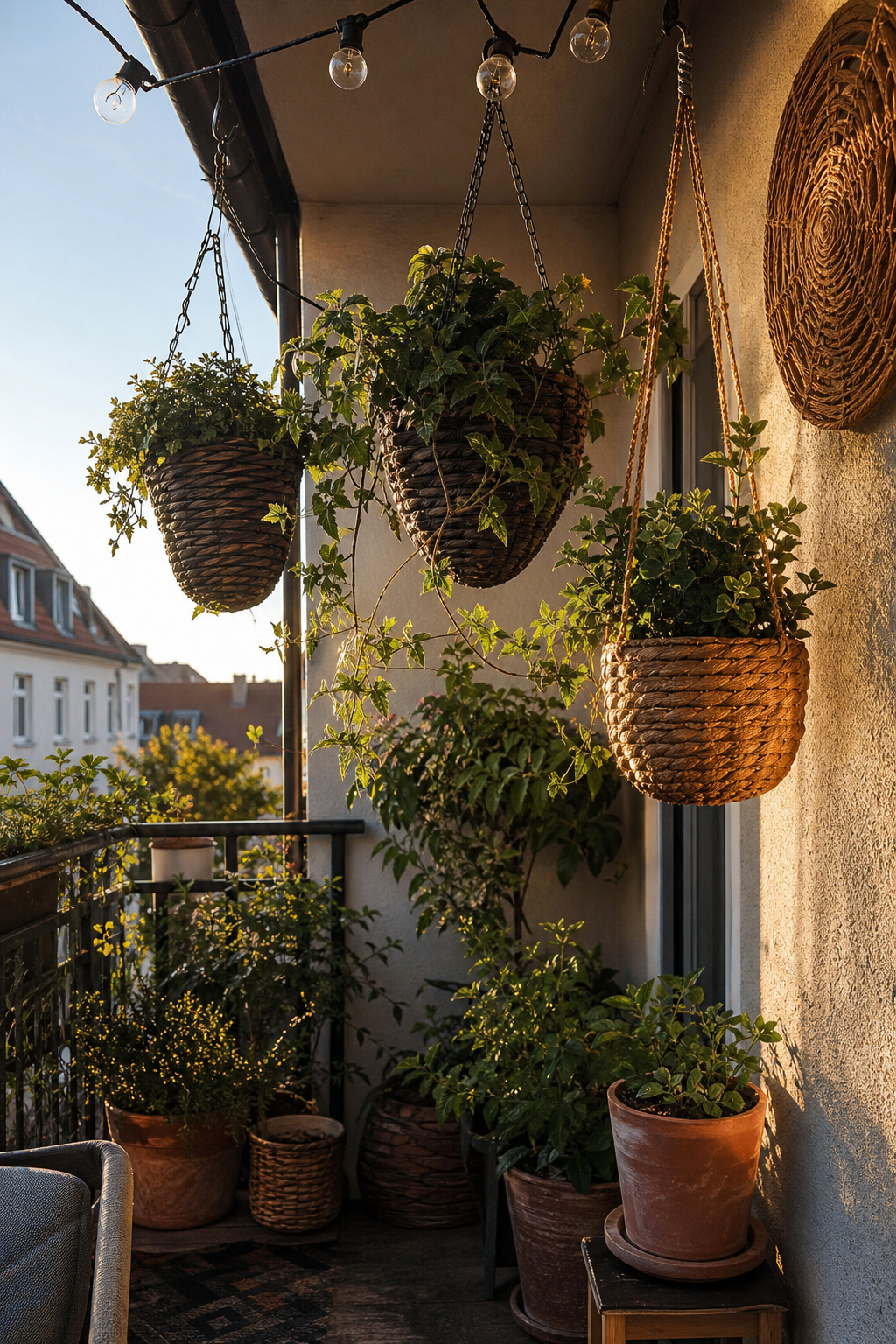 Boho balkon mit hängenden pflanzen und warmen lampen