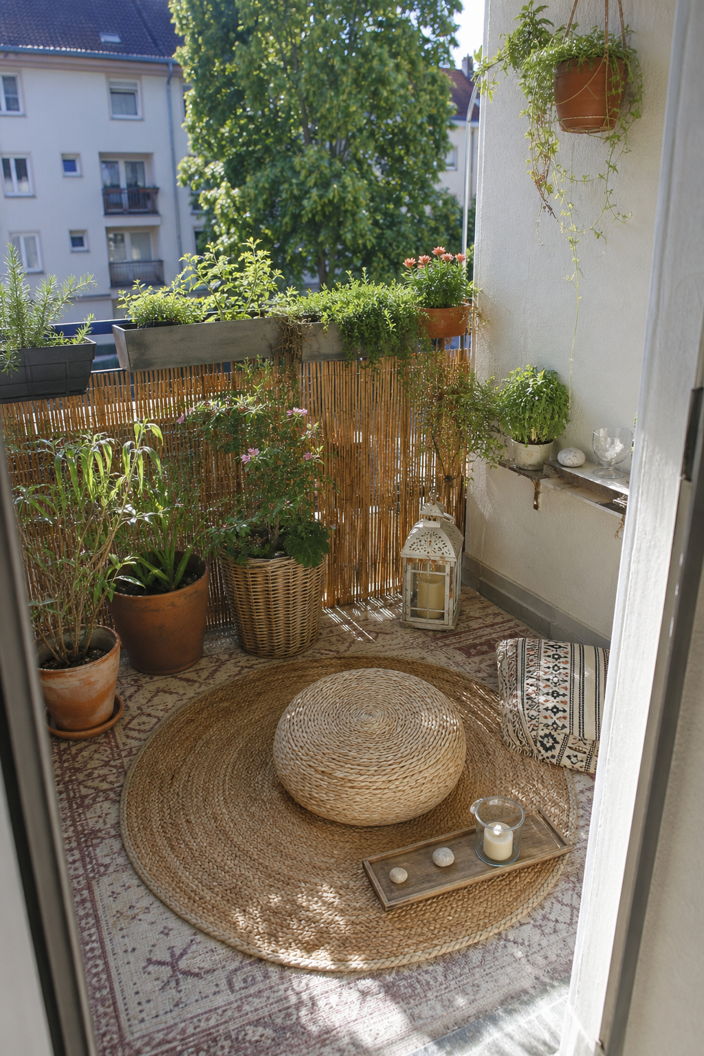 Kleiner Boho Balkon mit Juteteppich