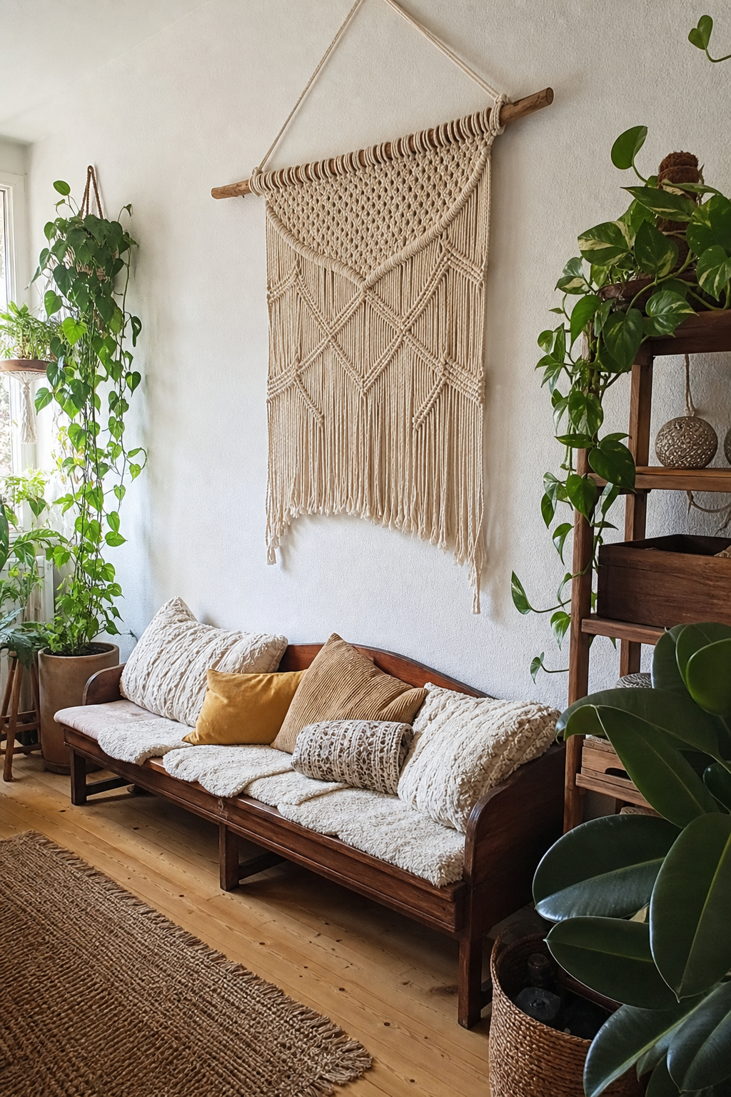 Boho Balkon mit Makramee und Sitzbank