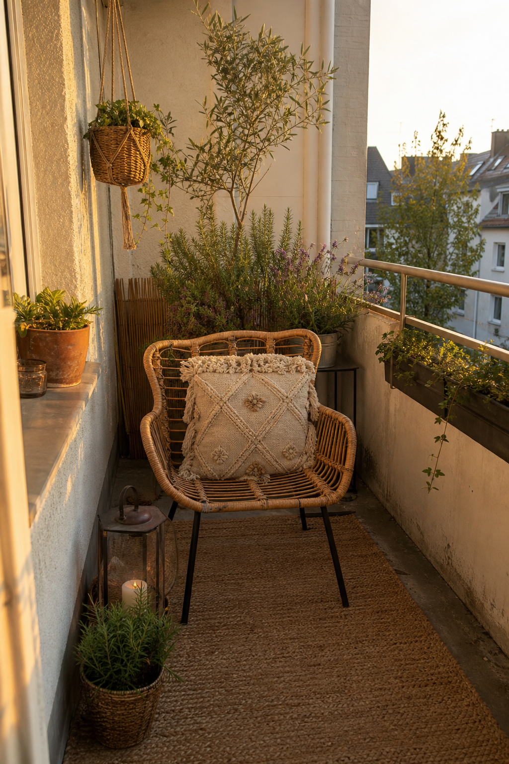 Rattan sessel auf kleinem boho balkon