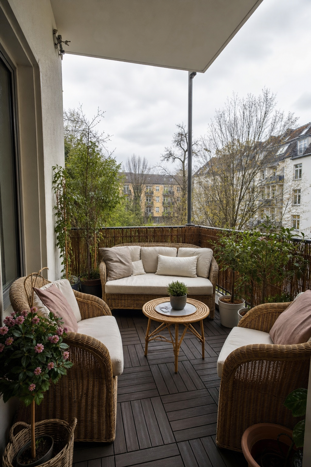 Boho balkon rattan sitzgruppe mit pflanzen