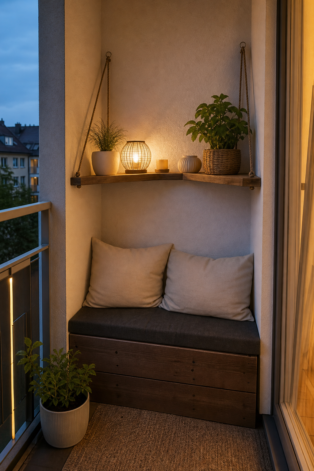 kleine balkon-nische mit haengeregal und pflanzen
