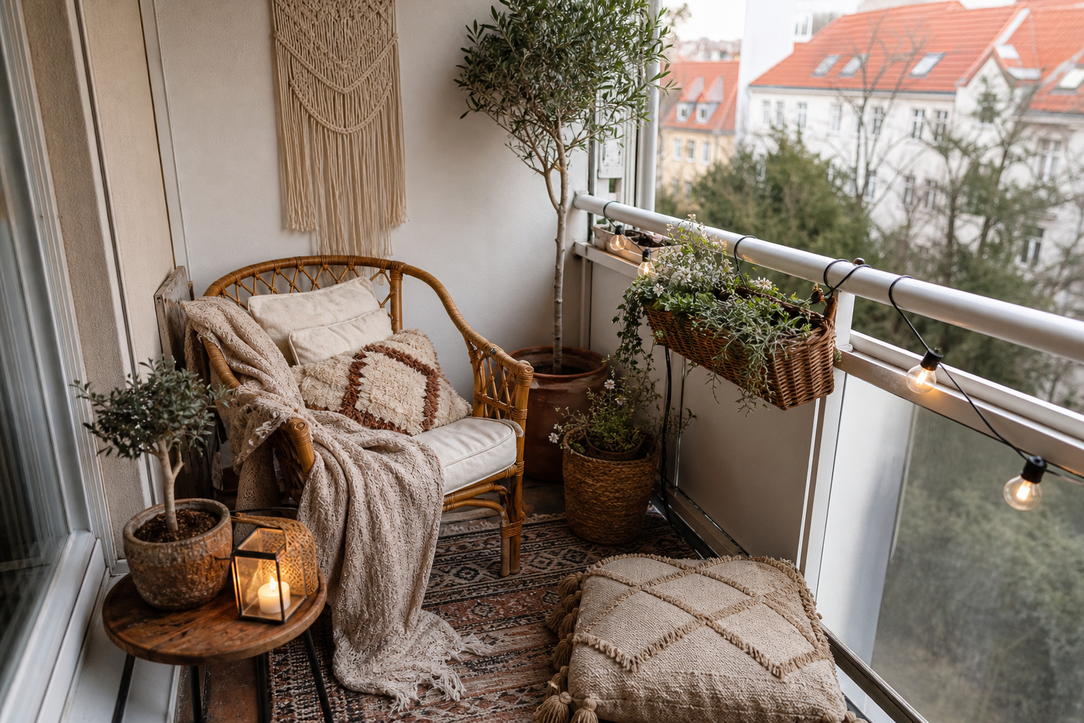 14 Kleiner Balkon Boho Deko Ideen für Jute, Rattan und gemütliches Grün