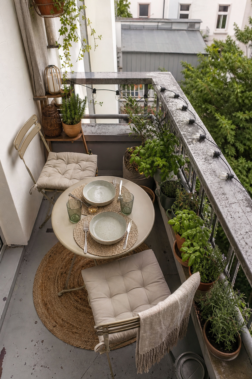 Kleiner Balkon mit rundem Tisch und Kräutern