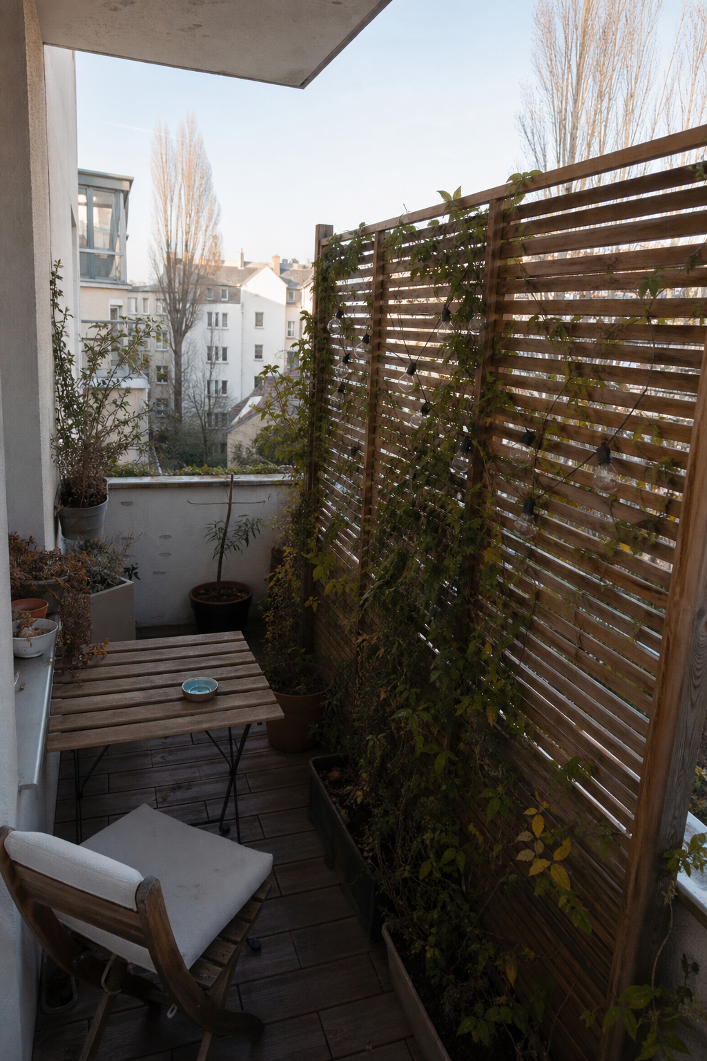 Holzsichtschutz mit Kletterpflanzen auf Balkon