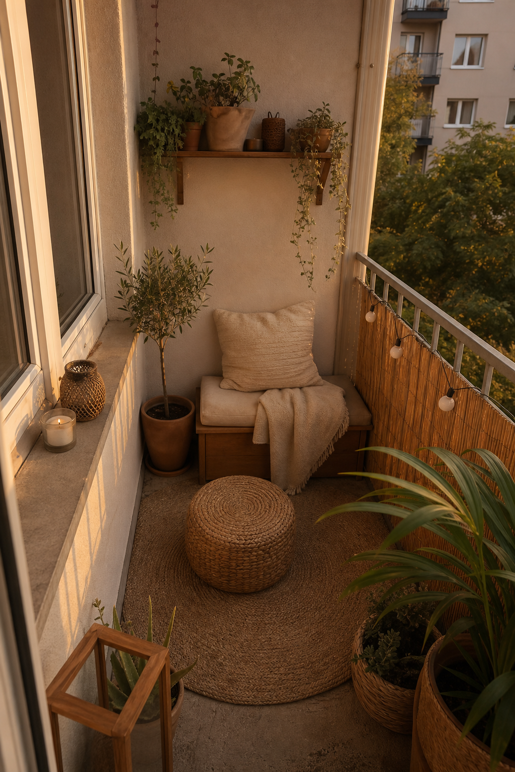 Kleiner Boho-Balkon Teppich und Pouf