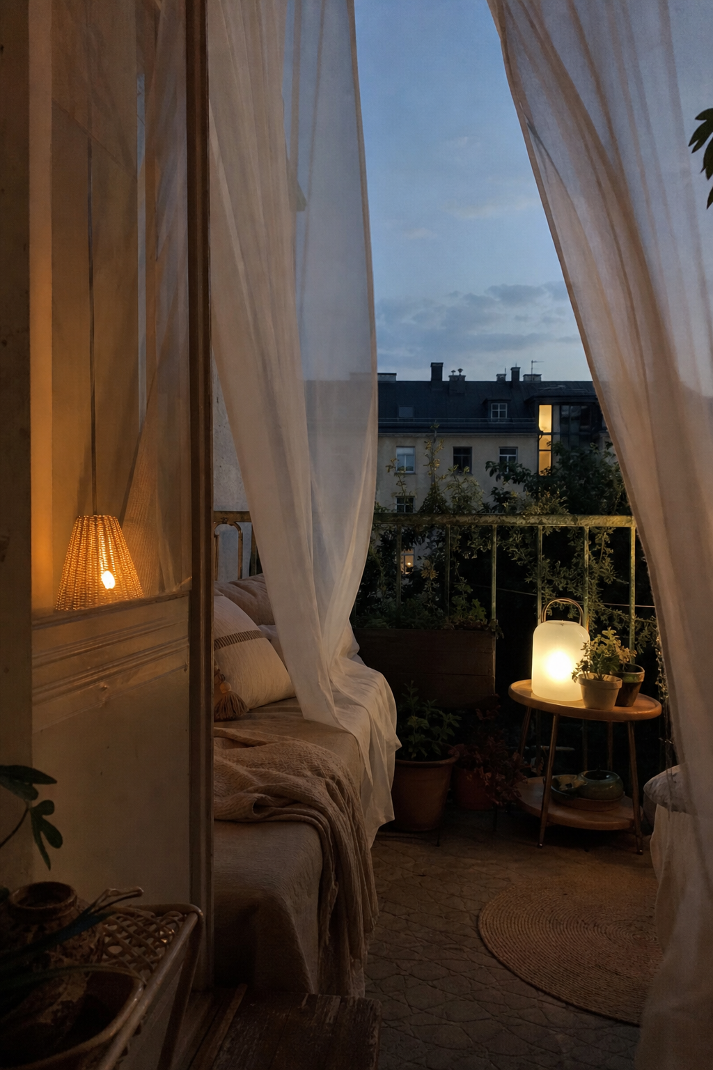 leichte vorhänge am kleinen boho-balkon
