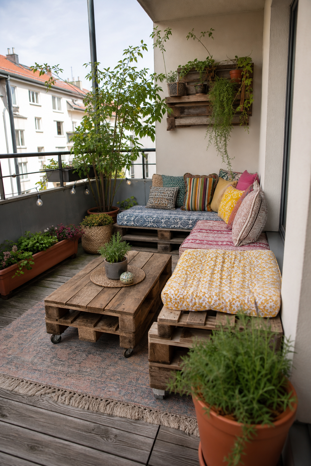 Palettensofa mit bunten Kissen auf Balkon