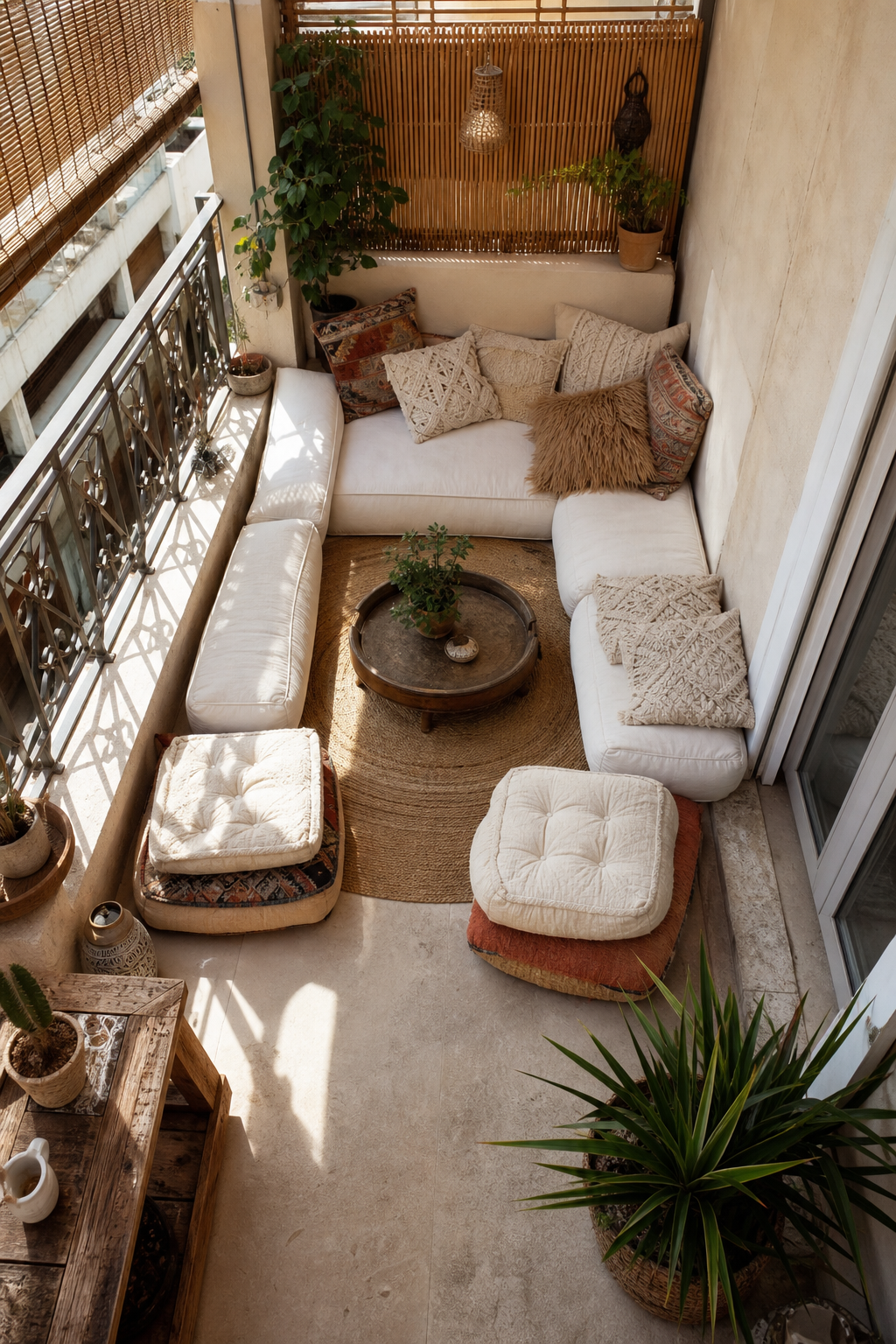 Quadratischer Balkon mit niedriger Lounge-Ecke