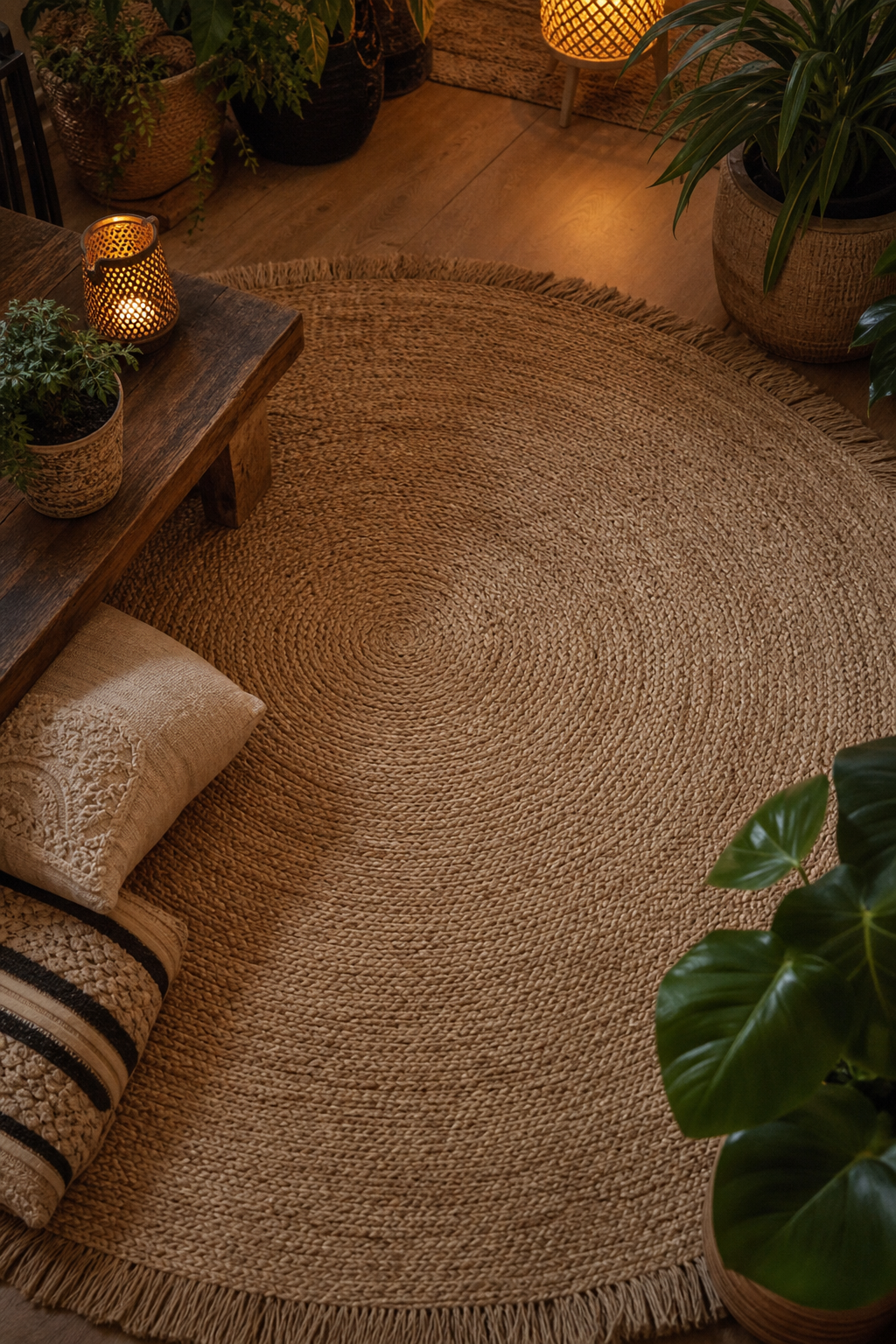 Runder Jute-Teppich mit Pflanzen und Kissen