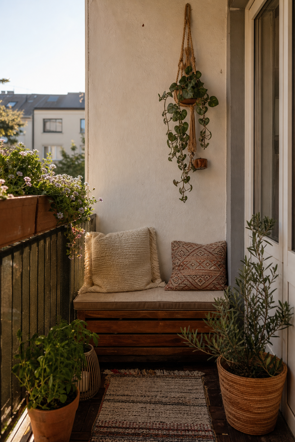 schmaler balkon mit kompakter holzbank und pflanzen