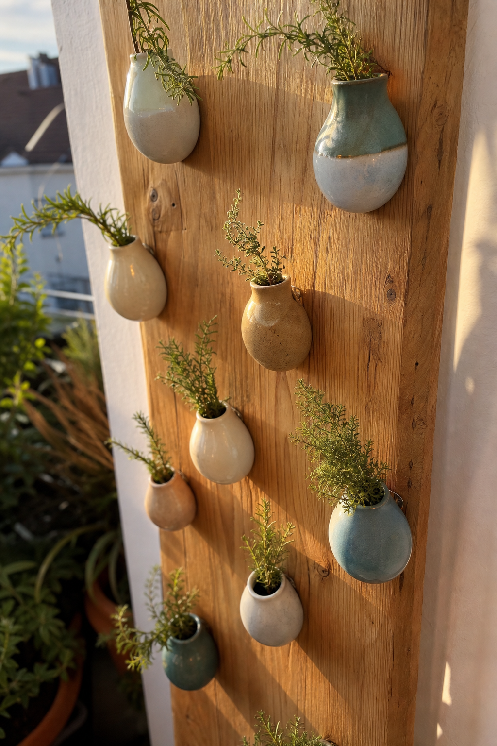 Vertikale Pflanzenwand mit kleinen Vasen