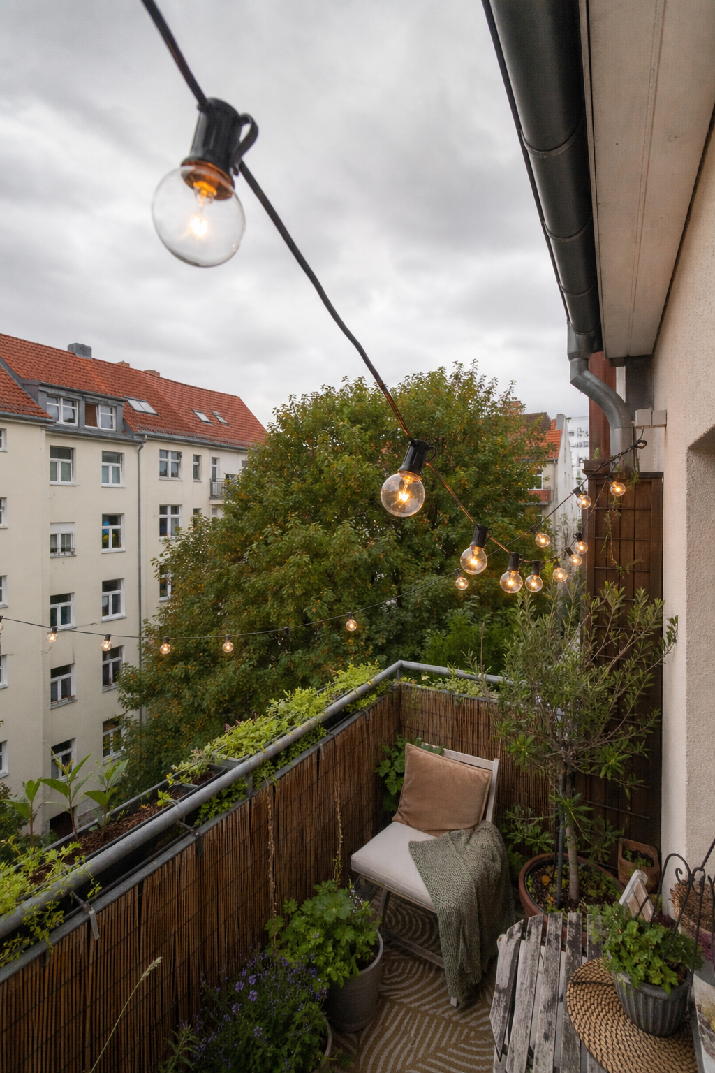 warme lichterkette über grünem balkon