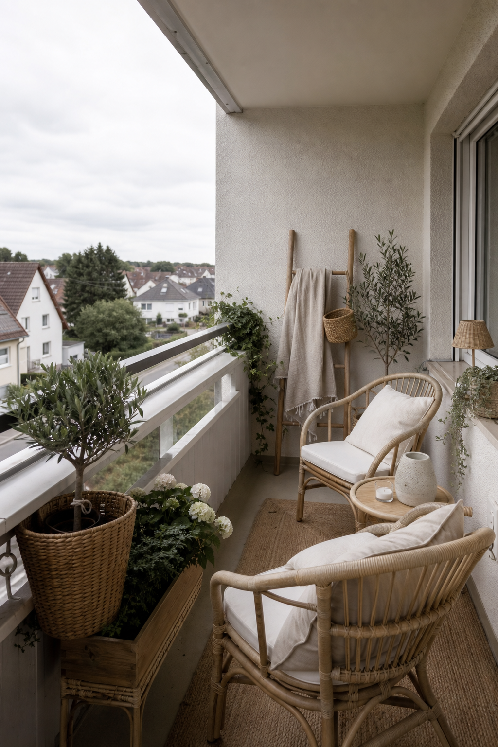 weiß-beiges boho balkon mit pflanzen