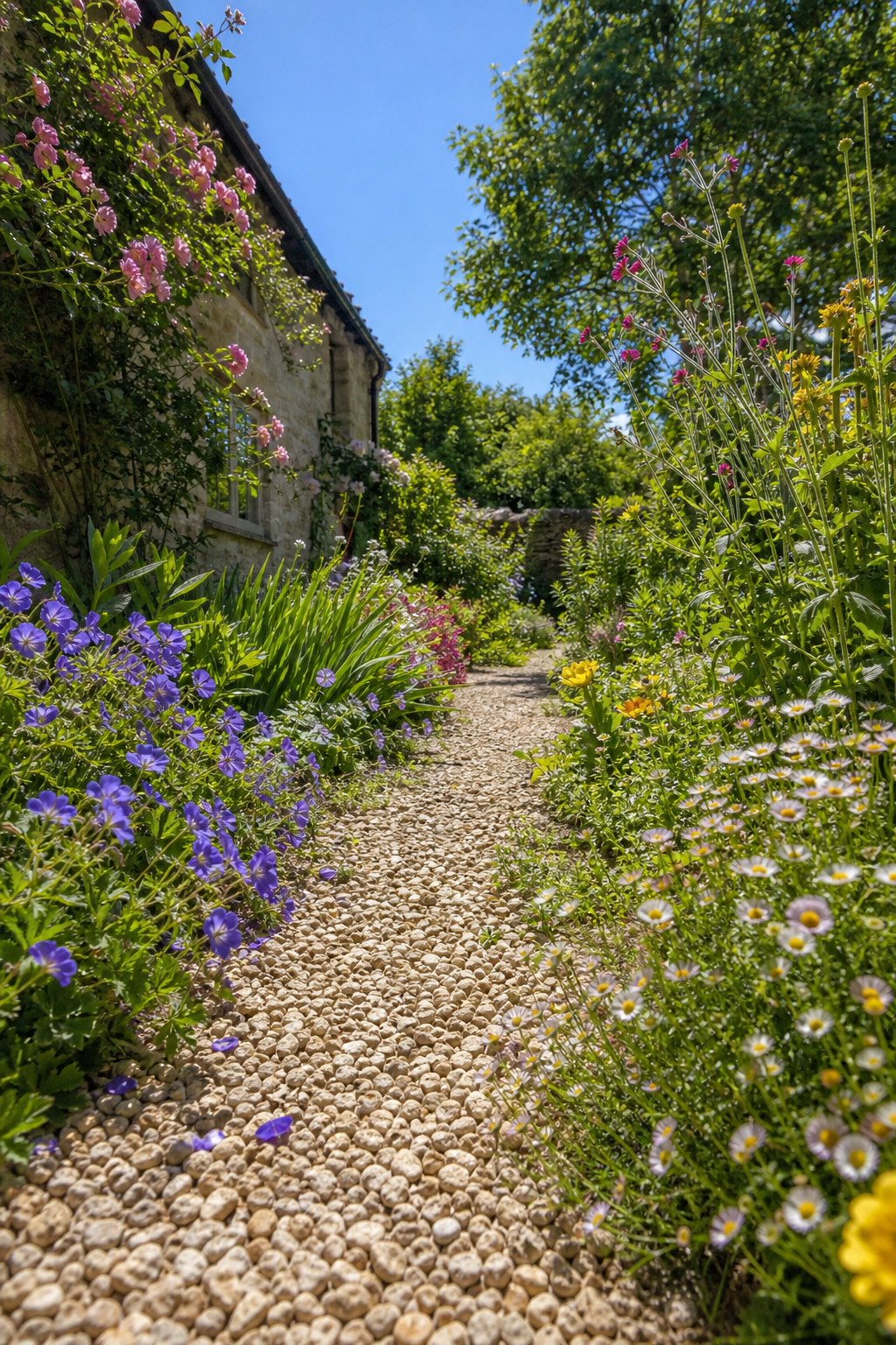Schmaler Kiesweg mit dichten Blumenrabatten