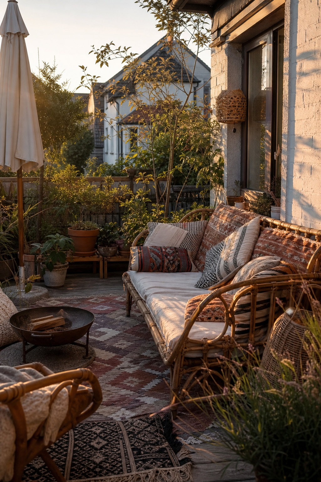 boho rattan sofa mit muster kissen outdoor