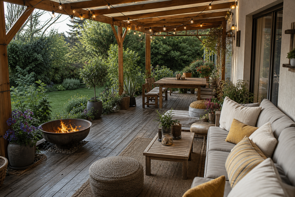 16 Ideen für eine gemütliche Terrassengestaltung im Garten mit Lounge, Holz und Lichtakzenten