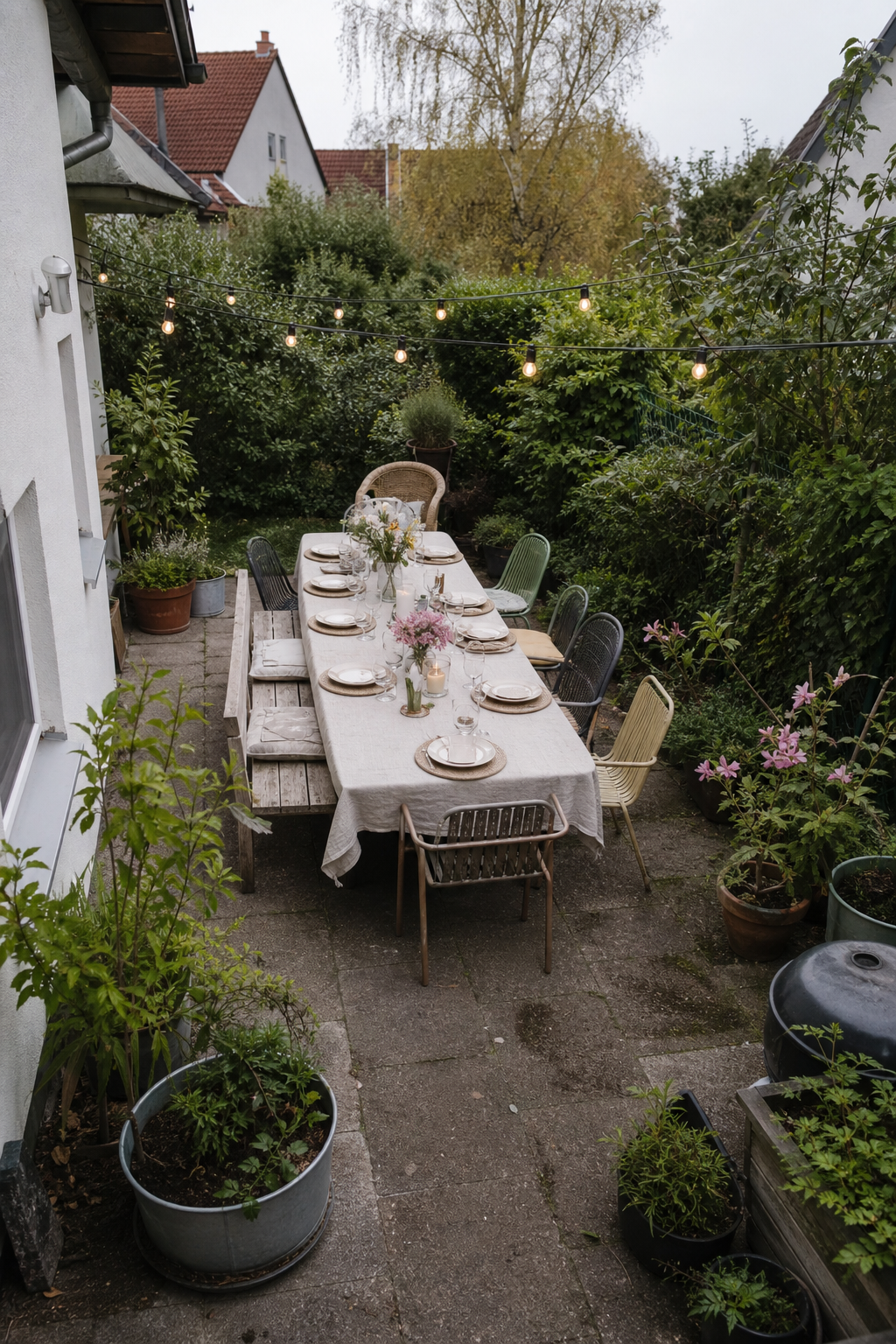 lange Familientafel auf grosser terrasse
