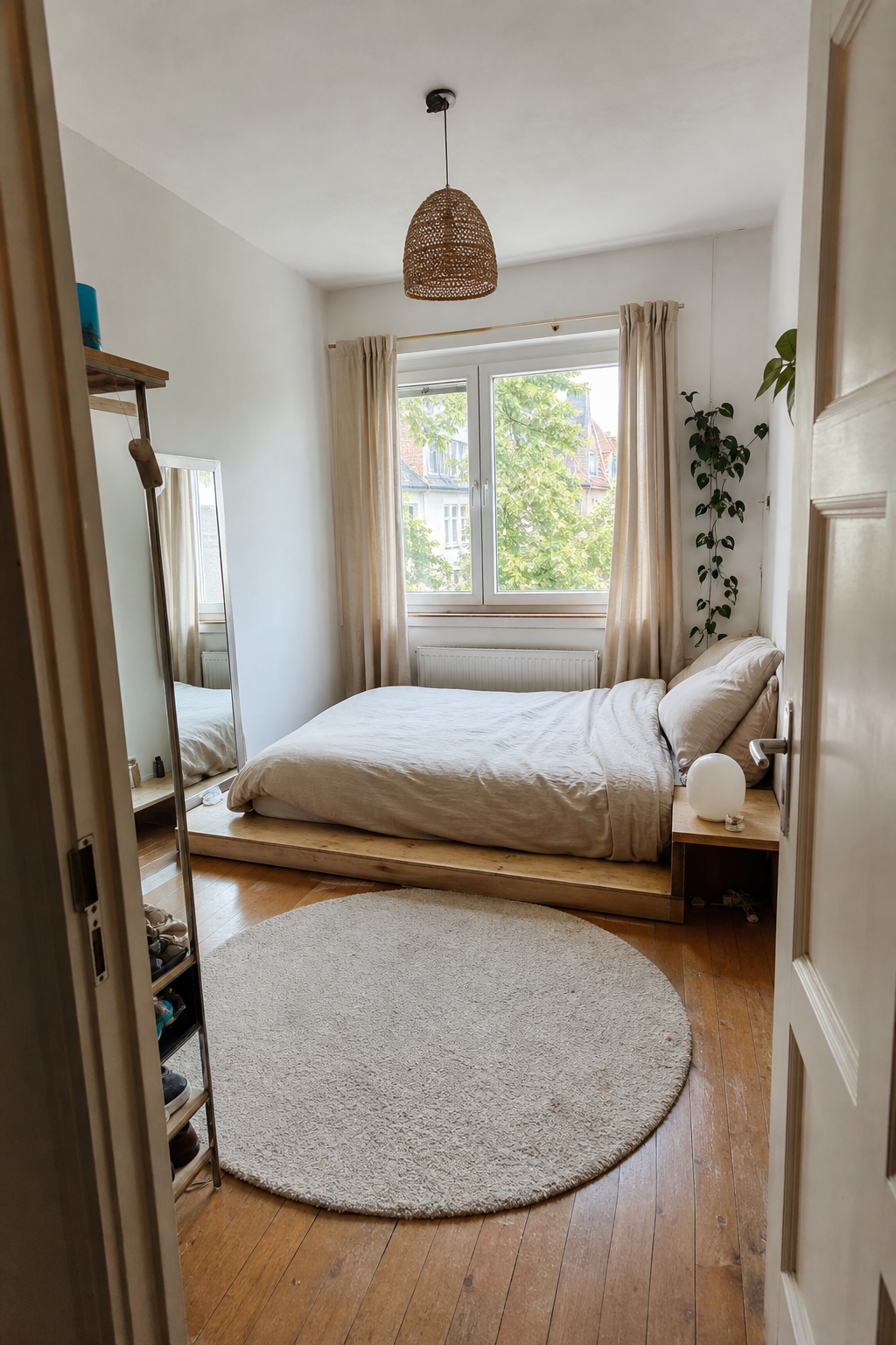 Plattformbett in kleinem quadratischen Schlafzimmer