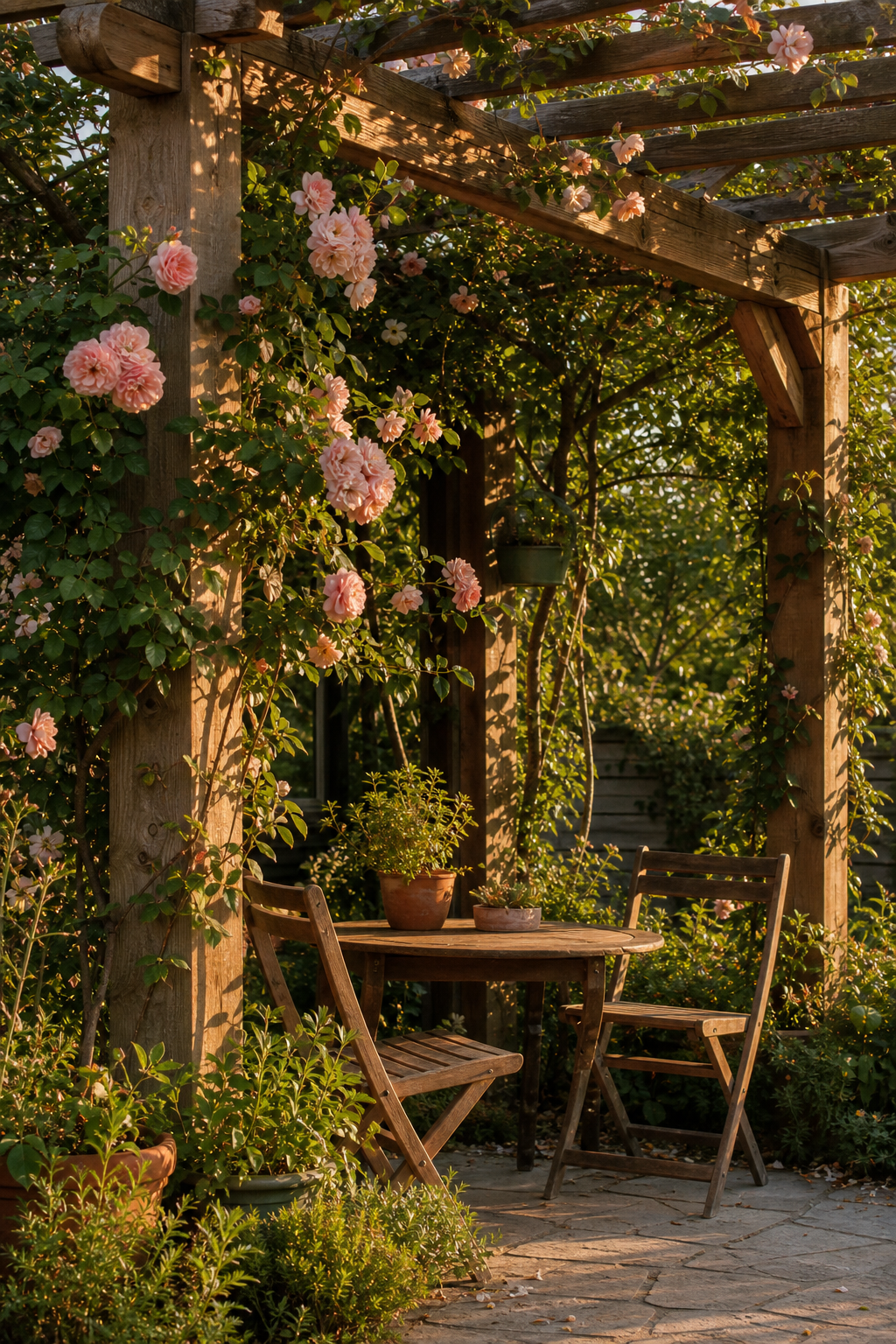 Holzpergola über Sitzplatz mit Rosen