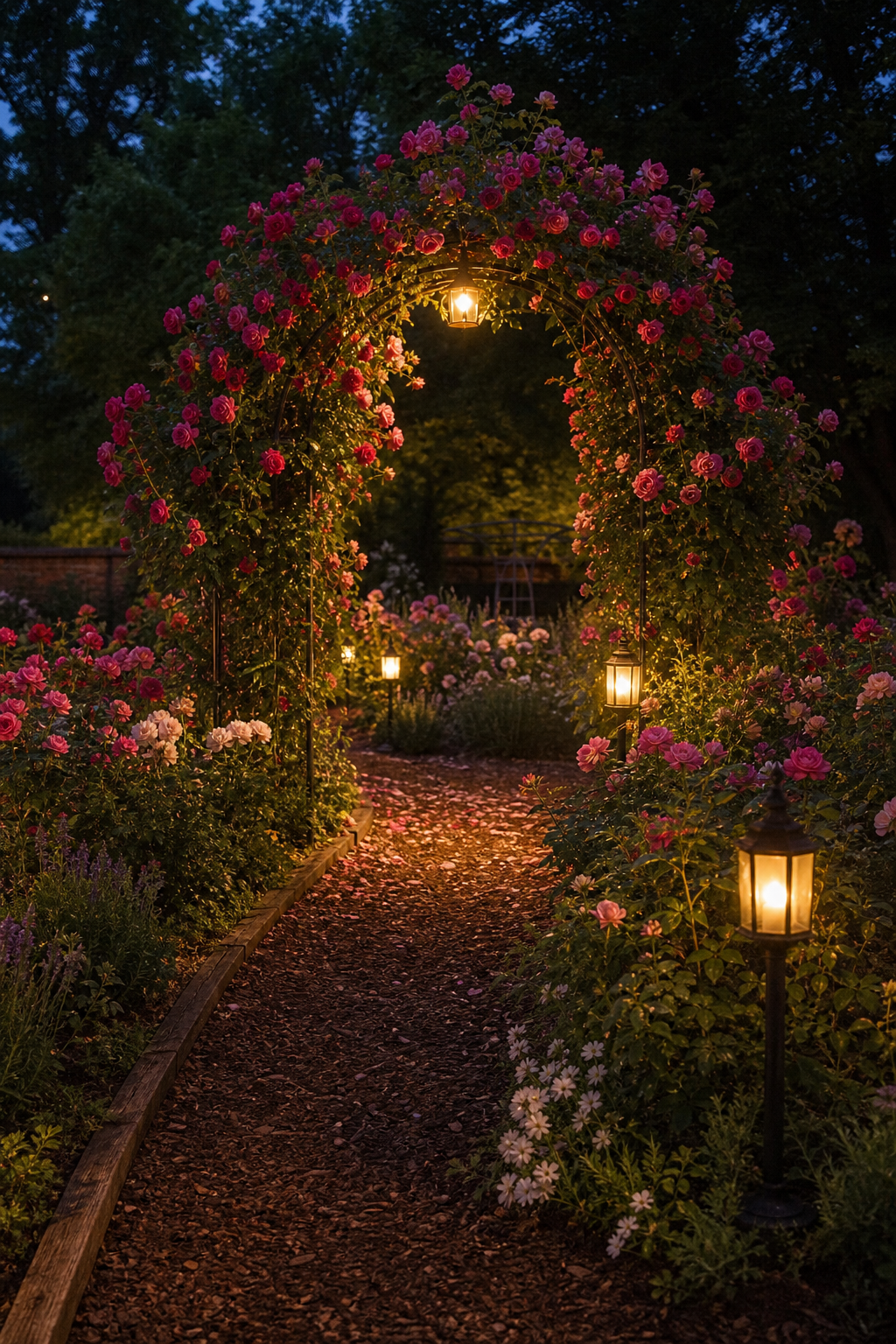 Holzkante führt zum Rosenbogen im Garten