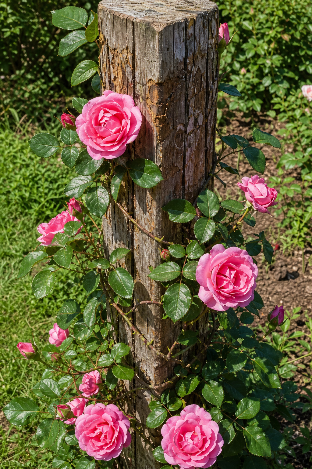 Holzpfosten mit Kletterrose im Licht