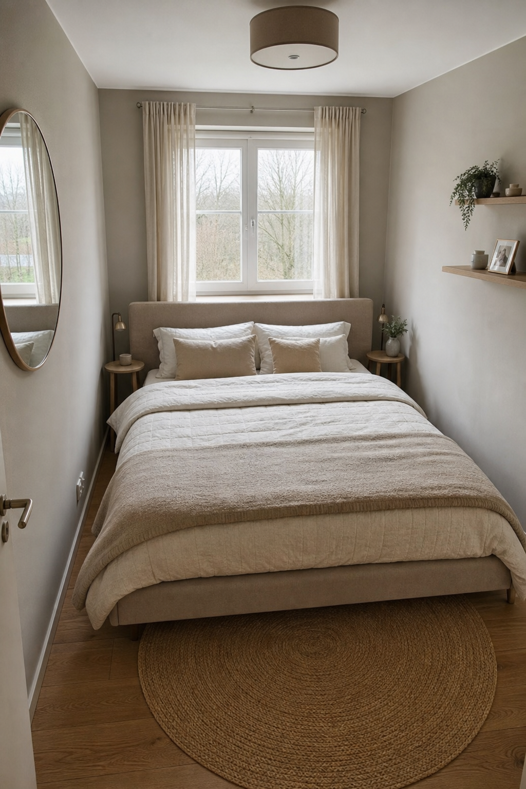 Gepolstertes Bett mittig im kleinen Zimmer