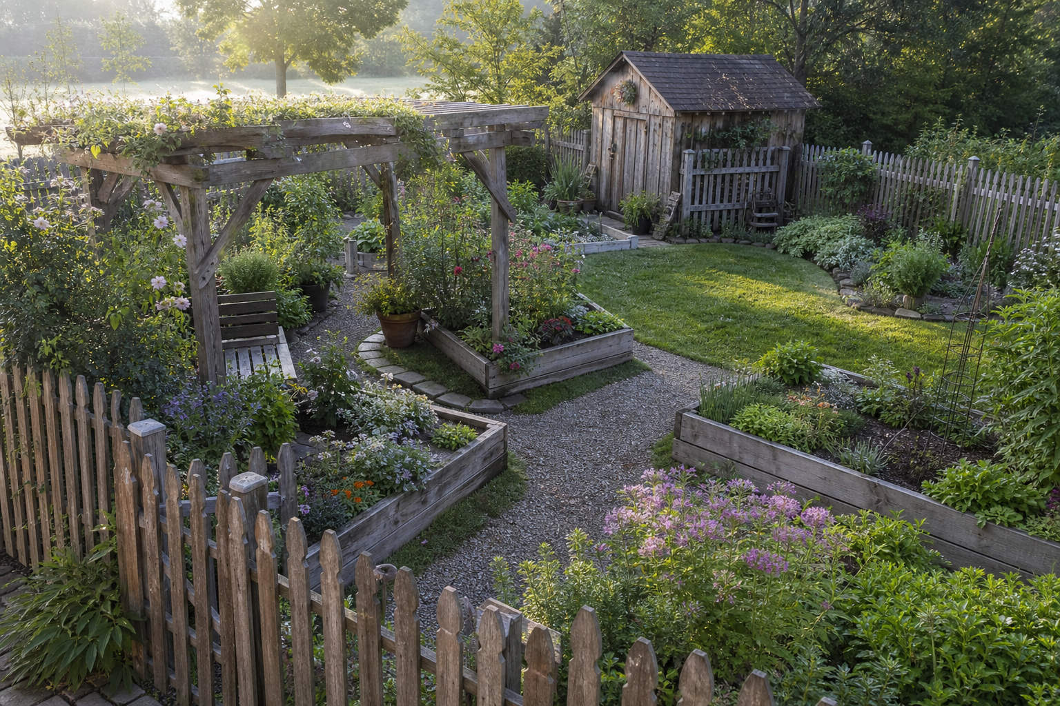 17 Ideen, um einen kleinen Bauerngarten mit Holz natürlich zu gestalten