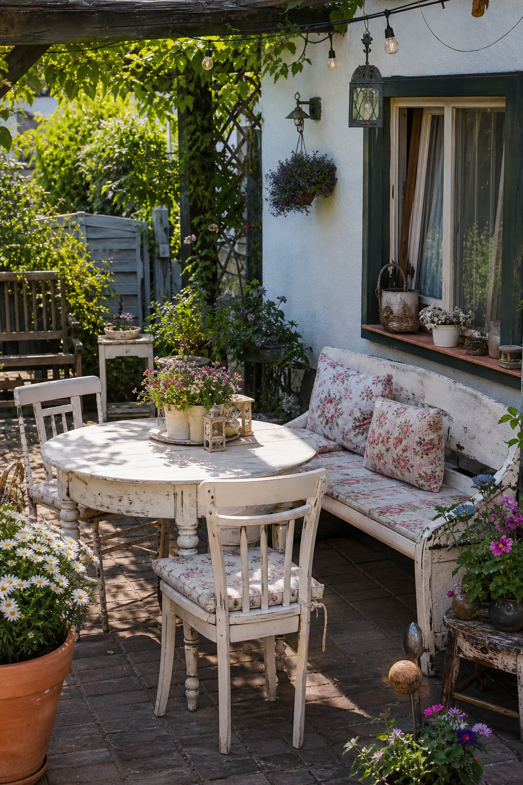 weiße terrasse mit floralem muster