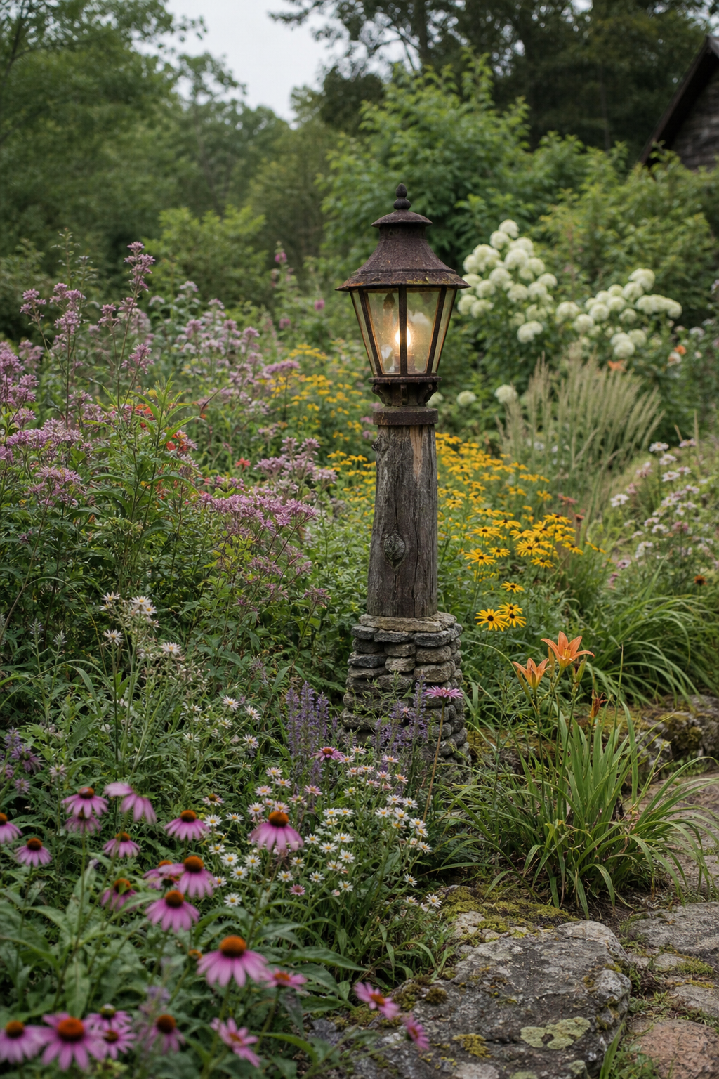 Gartenlaterne zwischen Wildblumen und Stauden