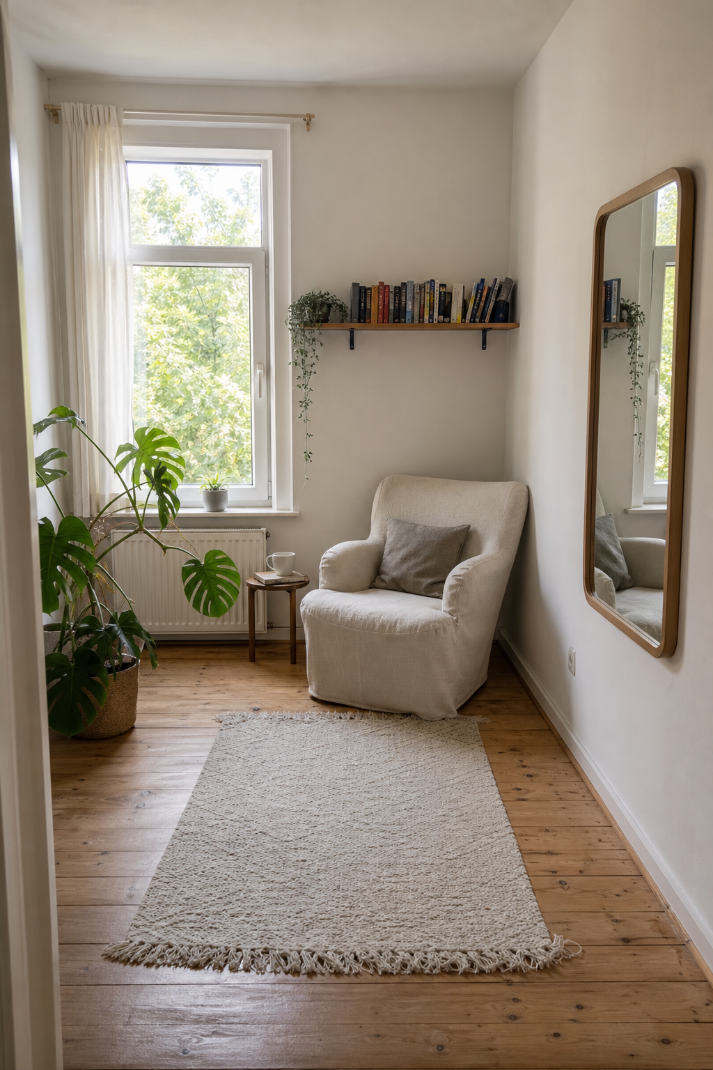 Leseecke mit Sessel und schmaler Wandablage
