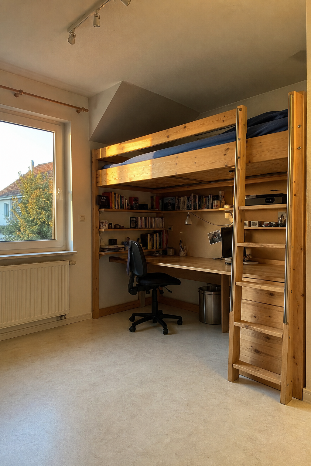 Loftbett mit Schreibtisch und Regalen