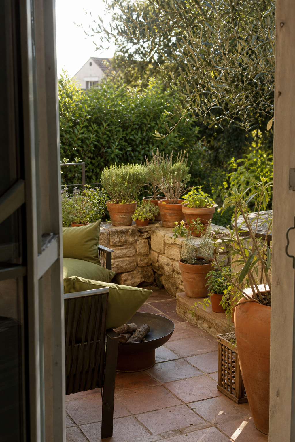 Mediterrane Terrasse mit Terrakotta und Olivgrün