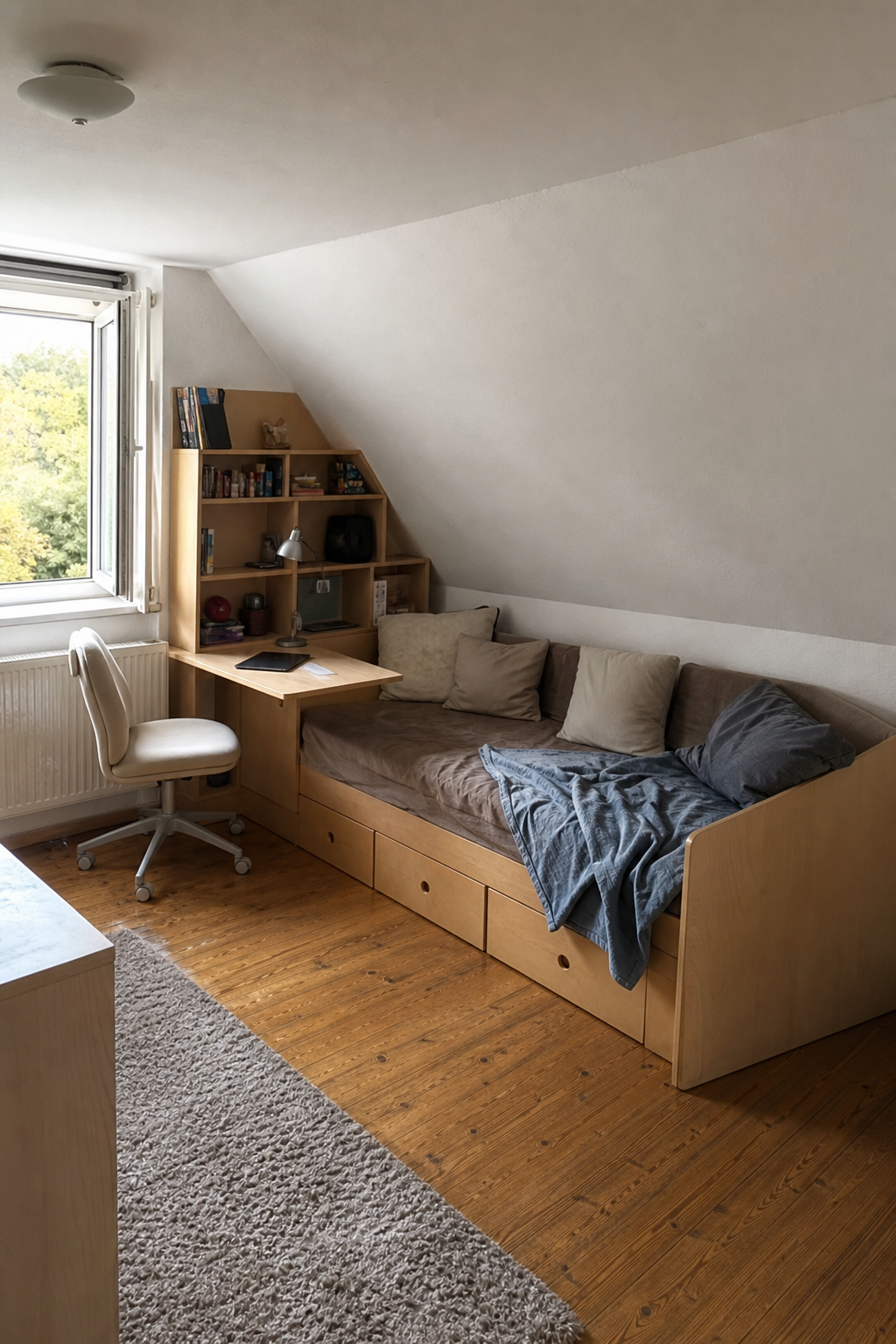 Multifunktionsmöbel im Jugendzimmer mit Schräge