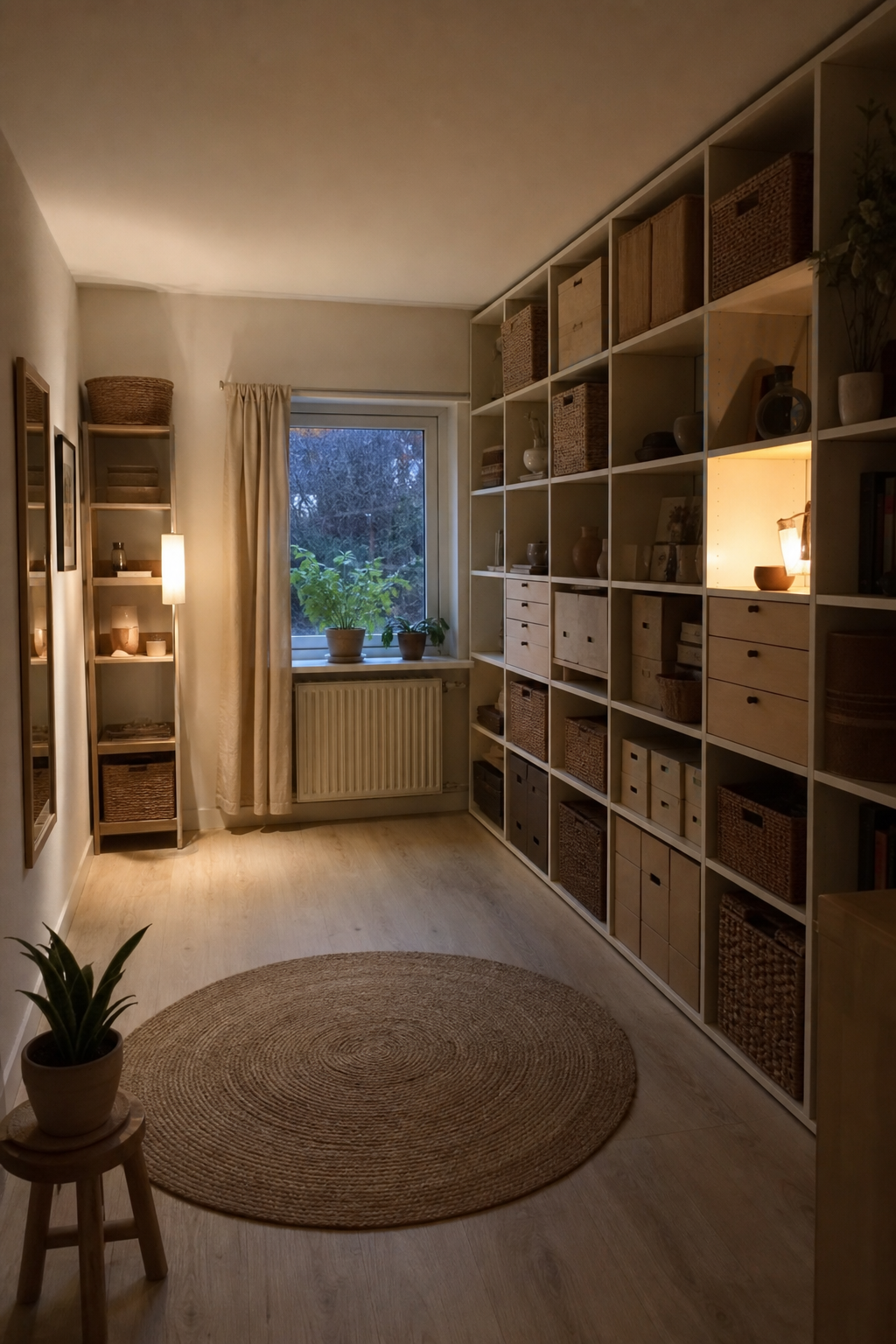 Vollhohe offene Regalwand in kleinem Zimmer