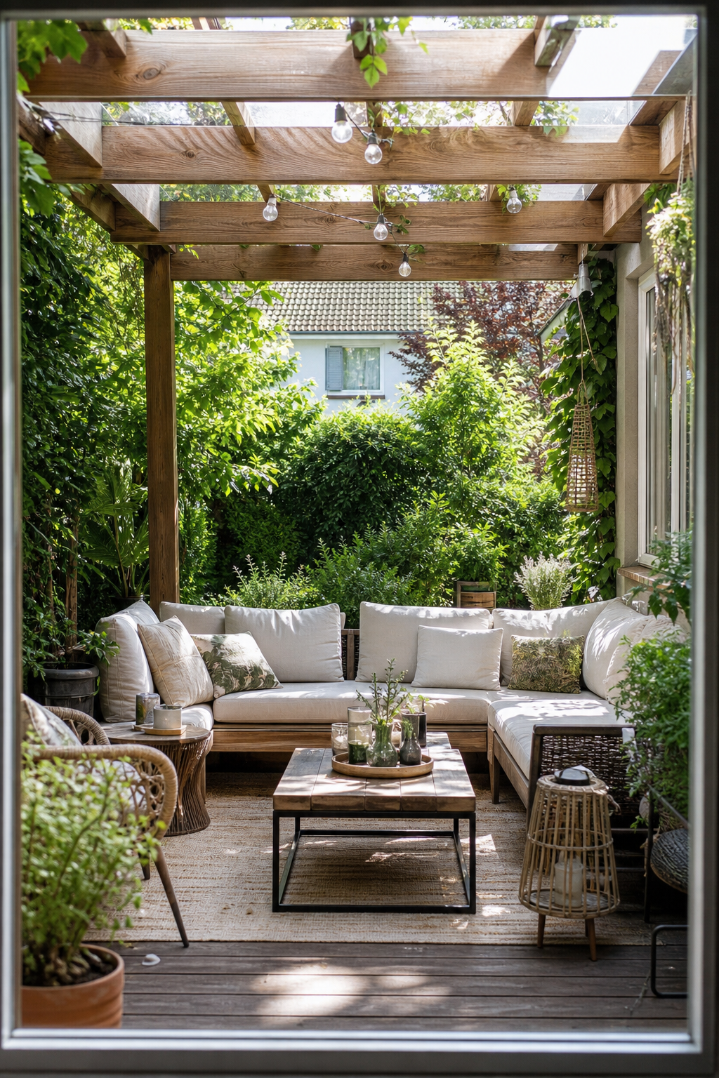 Outdoor Sofa mit Couchtisch und Teppich