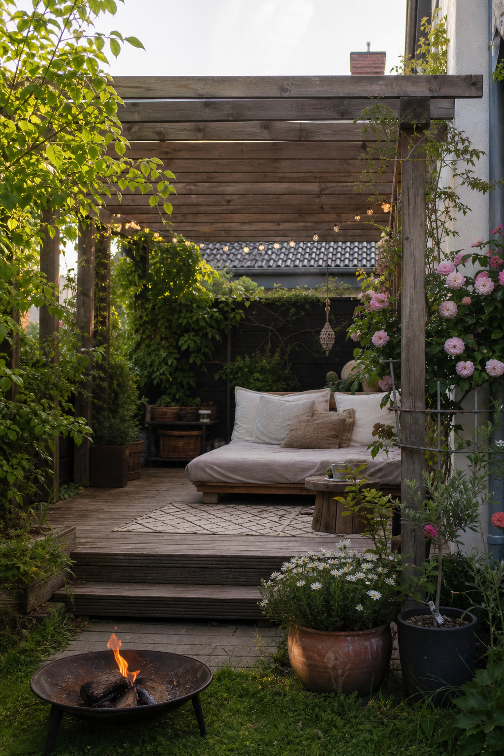 Pergola Lounge mit Tagesbett und Kletterpflanzen