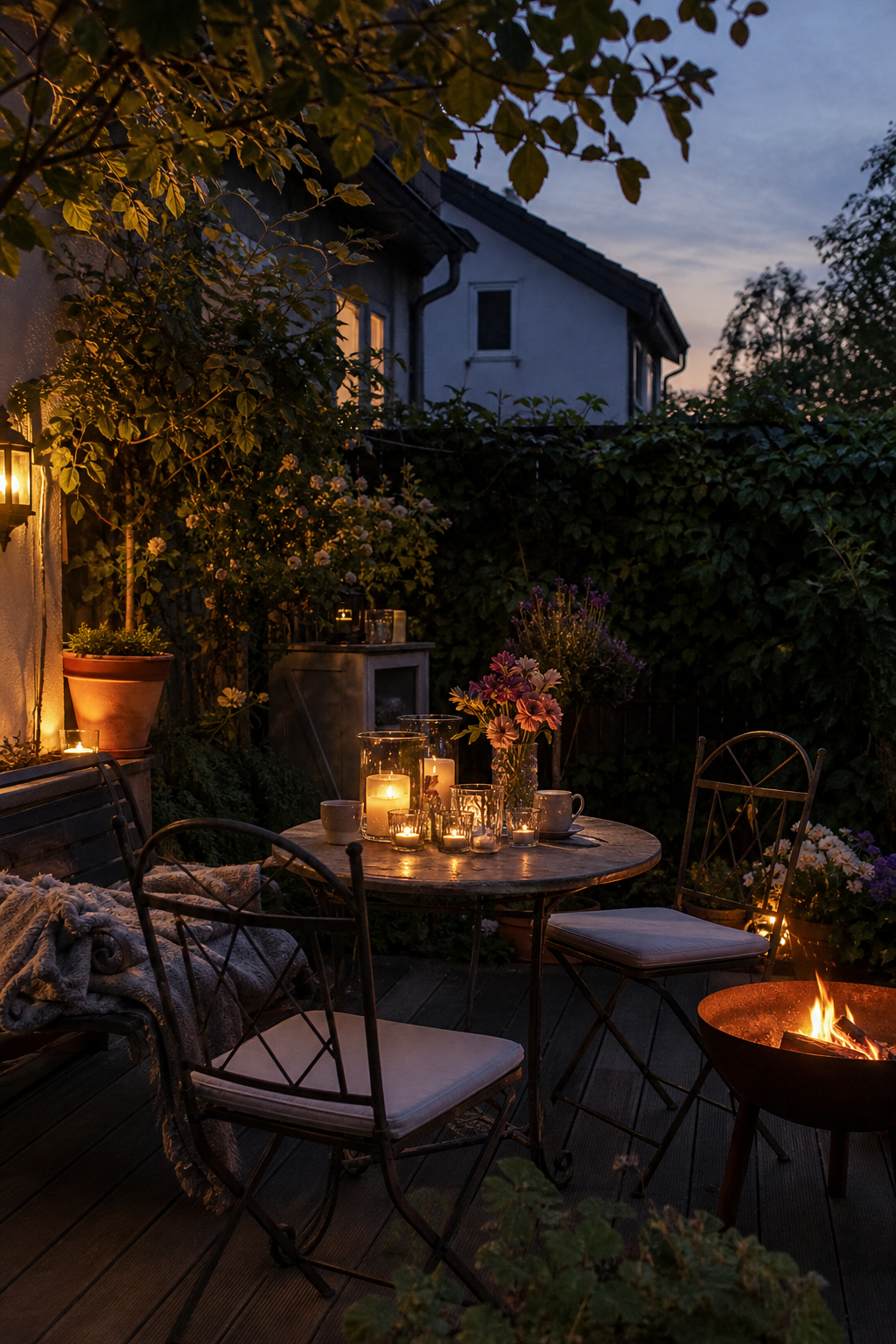 Romantische Terrasse mit Kerzen und Bistrostühlen