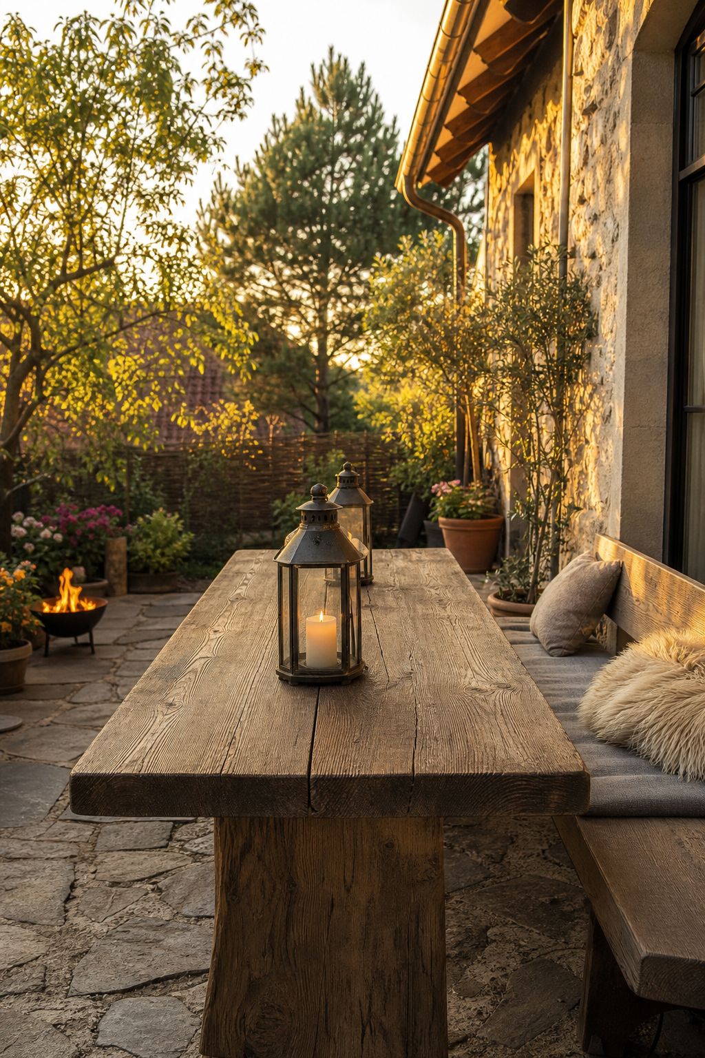 Rustikale Terrasse mit Massivholztisch und Laternen
