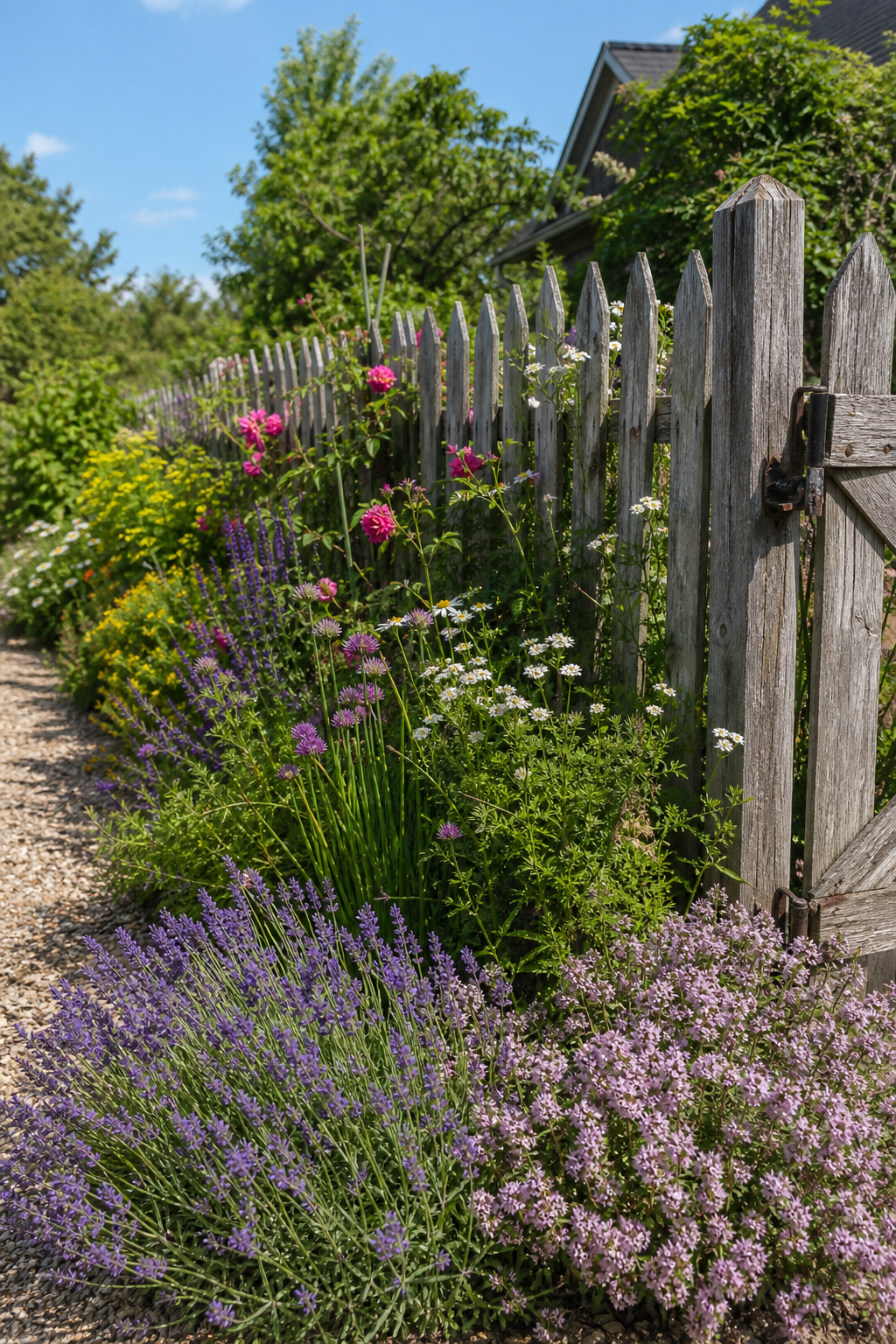 rustikaler holzzaun mit blumenrabatten