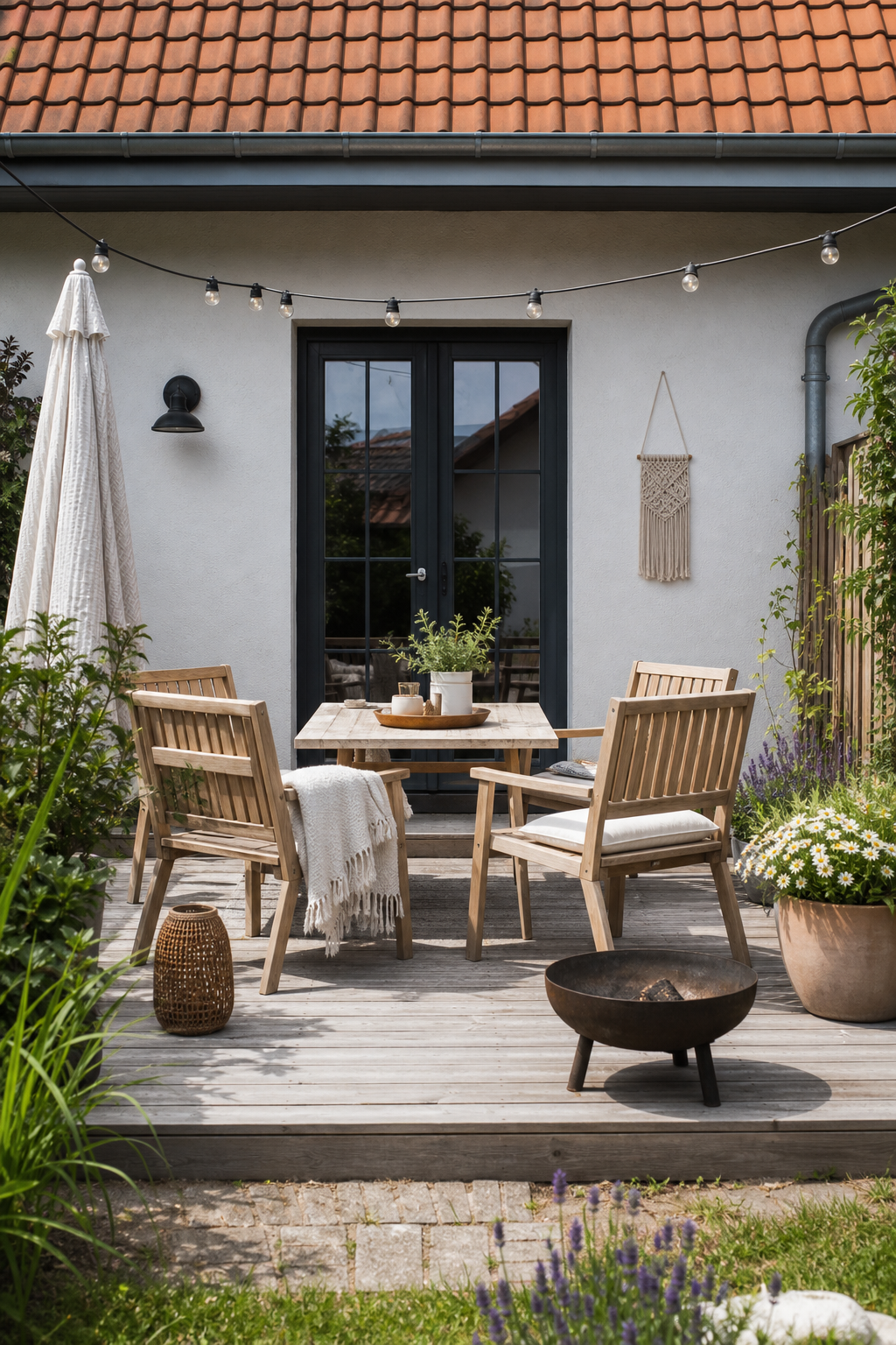Helle Holzterrasse mit minimalistischer Sitzgruppe