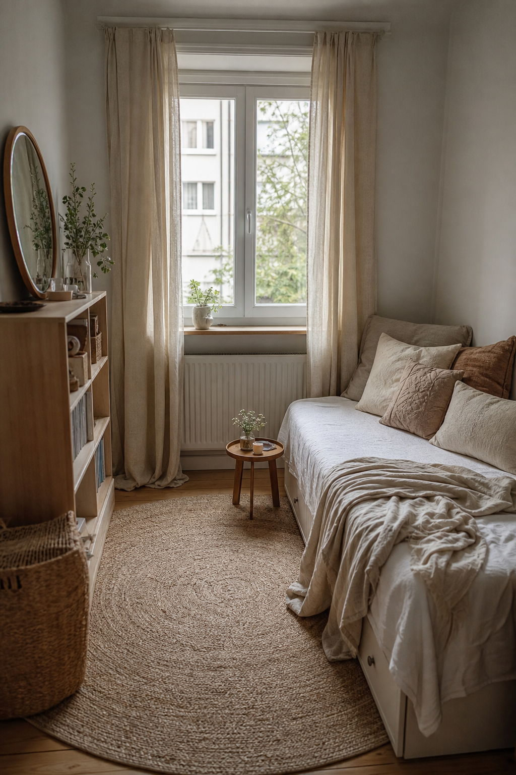 Tagesbett mit neutralen Textilien