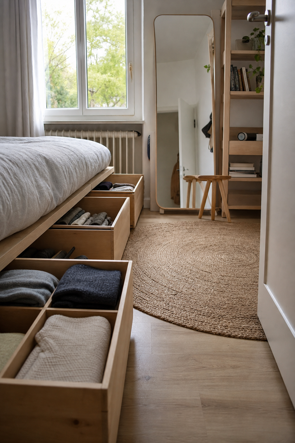 Aufgezogene Unterbett-Schubladen mit Einsätzen