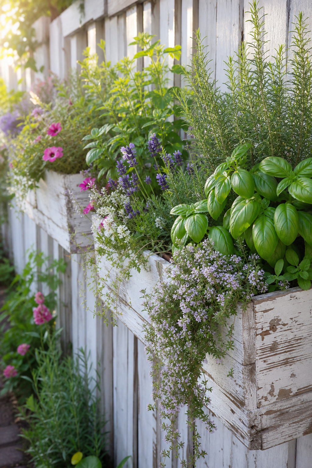 Weiß getünchte Blumenkästen am Zaun