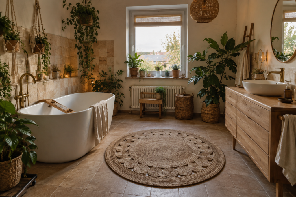 16 Badezimmer-Ideen mit rundem Boho-Teppich für ein gemütliches Bad